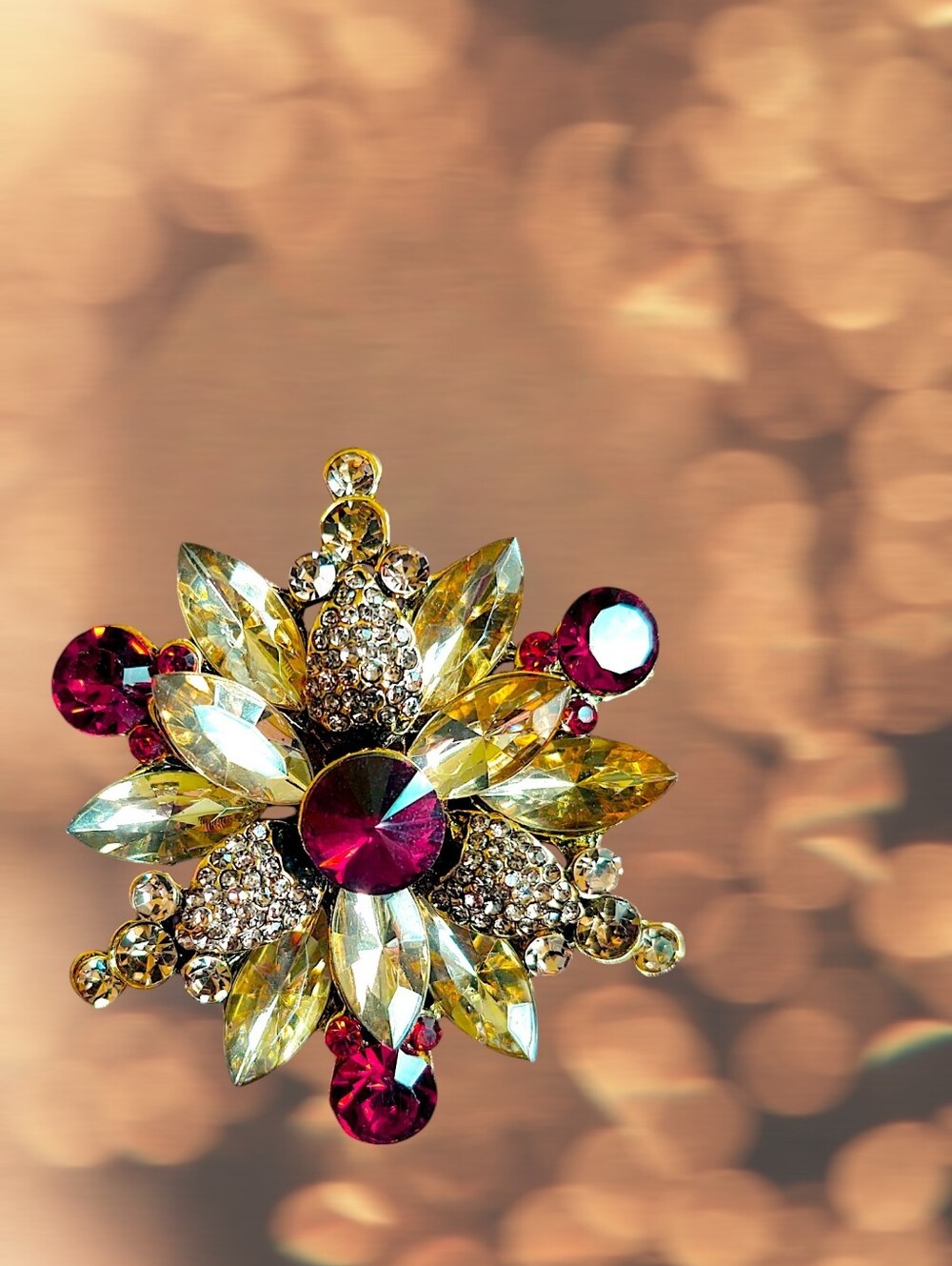 Amber Crystal Floral Brooch